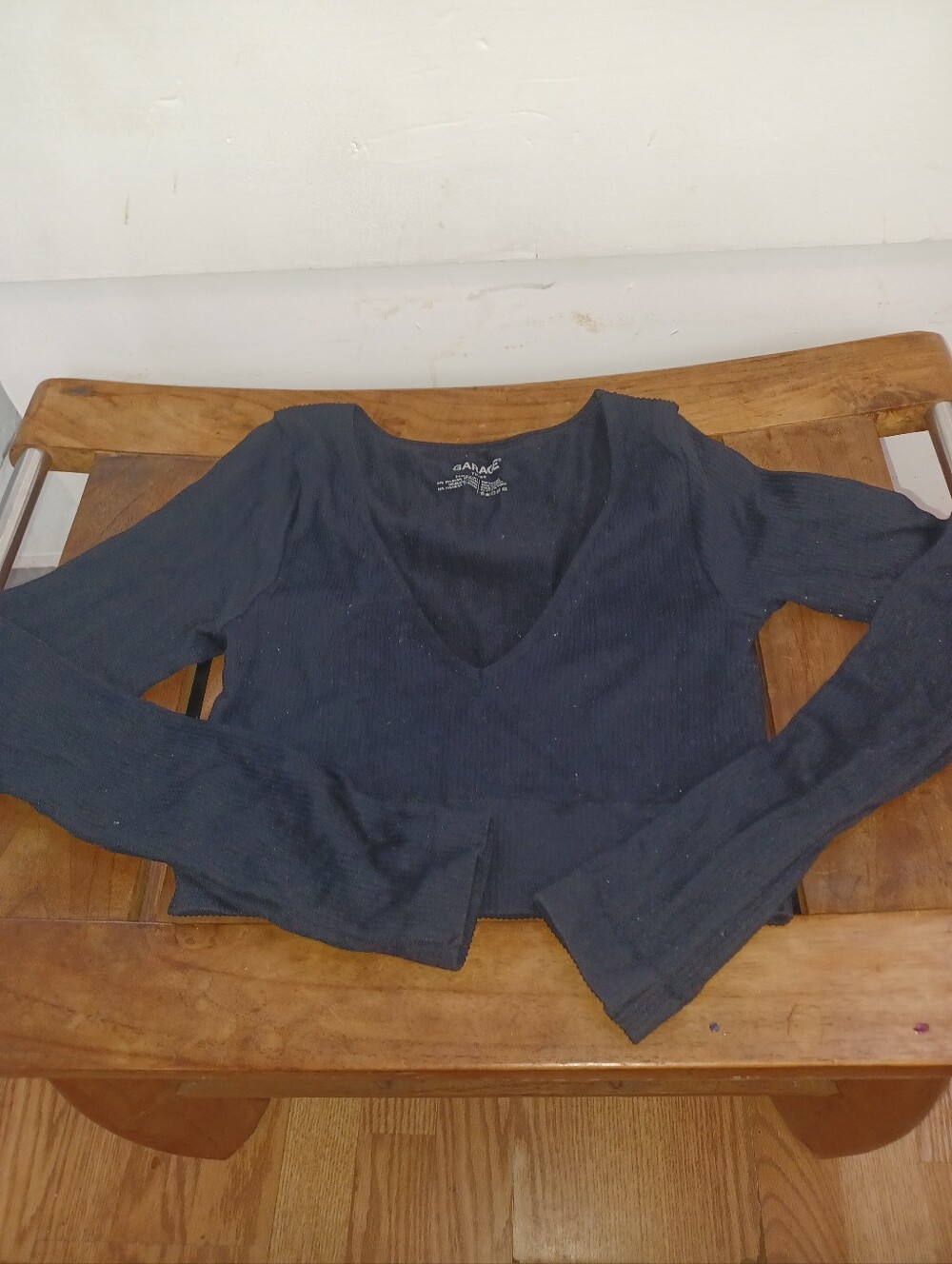 Garage Black Ribbed V-Neck Long Sleeve Top